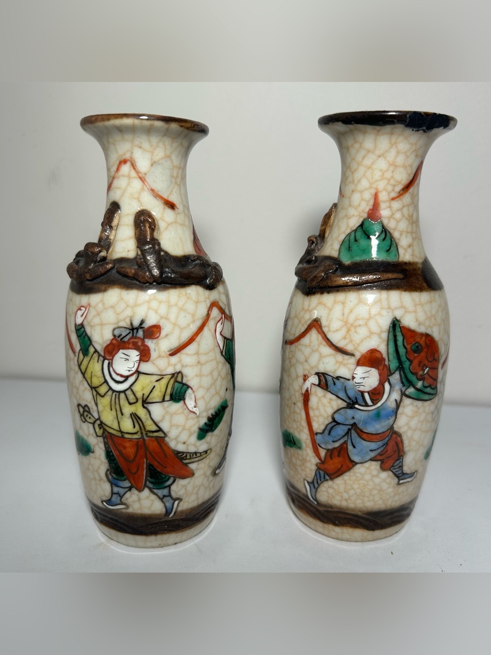 Chinese Cantonese vintage Victorian oriental antique Crackle glaze warrior vases